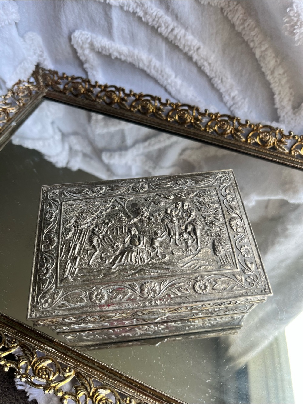 Victorian Ornate Silver Plate Decorative Jewelry Box, Pastoral Scene